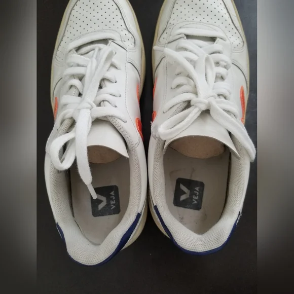 Veja Leather V-10 Sneakers Woman White N Orange Logo Sz 8 - Picture 6 of 14